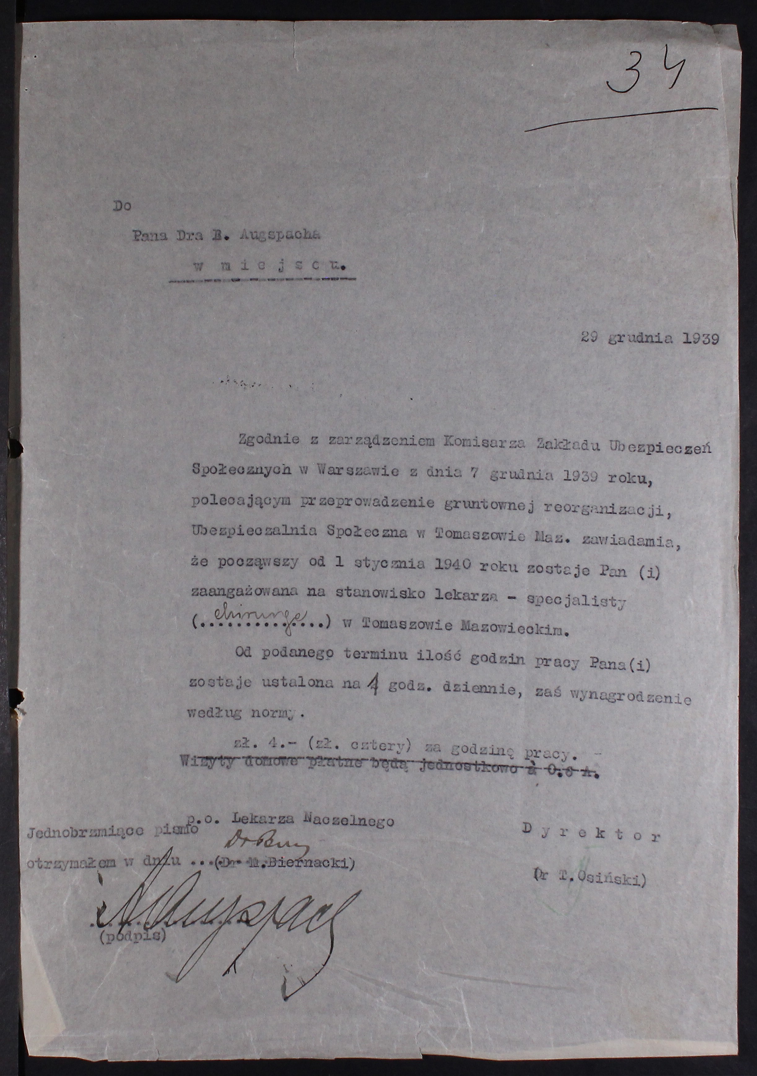 Pismo do dr. Alfreda Augspacha dotyczące zatrudnienia na stanowisku lekarza specjalisty, 1939 r.
